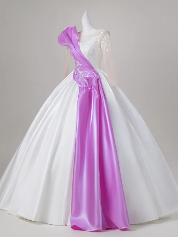 Elegant Ivory Beading Sequins Prom Dresses 2026 Ball Gown Scoop Neck Long Sleeve Backless Floor-Length / Long