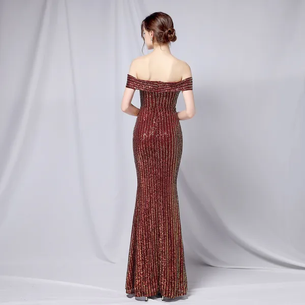 Charming Black Gold Sequins Evening Dresses 2022 Trumpet / Mermaid Off-The-Shoulder Short Sleeve Backless Floor-Length / Long Evening Party Formal Dresses