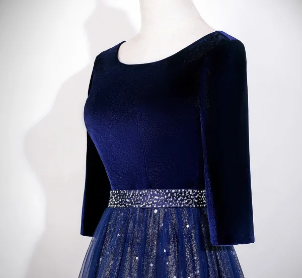 Vintage / Retro Ocean Blue Sequins Prom Dresses 2026 A-Line / Princess Square Neckline 3/4 Sleeve Backless Tulle