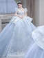 Luxury / Gorgeous Sky Blue Beading Rhinestone Lace Flower Wedding Dresses 2023 Ball Gown High Neck Puffy Short Sleeve Backless Bow Royal Train