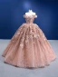 High-end Champagne Pearl Appliques Sequins Prom Dresses 2022 Ball Gown Off-The-Shoulder Short Sleeve Backless Floor-Length / Long Formal Dresses