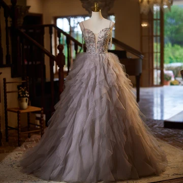 Charming Grey Beading Pearl Sequins Cascading Ruffles Prom Dresses 2024 A Line Princess Spaghetti Straps Sleeveless Backless Floor Length Long Prom Formal Dresses