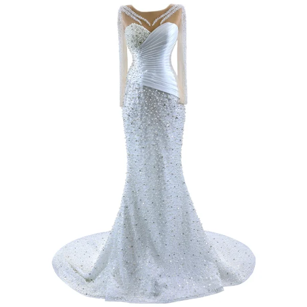 Haut de Gamme Blanche Fait main Perlage Perle Paillettes Robe De Mariée 2023 Trompette / Sirène Encolure Dégagée Manches Longues Tribunal Train Mariage