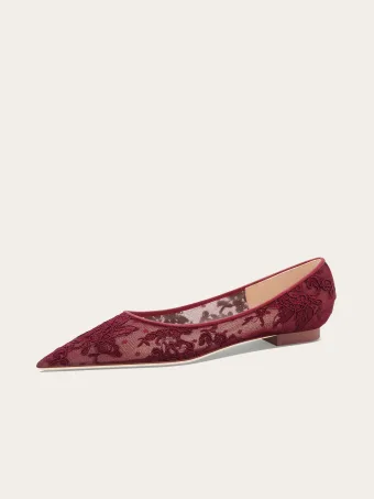 Schöne Burgunderrot Spitze Blumen Flache Brautschuhe 2025 Leder Spitzschuh High Heels