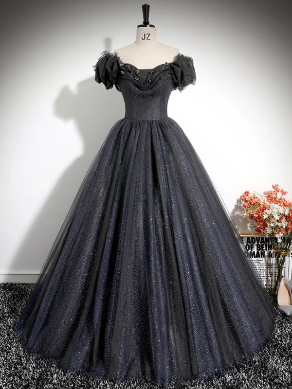 Chic / Beautiful Black Glitter Prom Dresses 2024 Ball Gown Off-The-Shoulder Short Sleeve Backless Floor-Length / Long Prom Formal Dresses