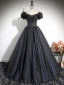 Chic / Beautiful Black Glitter Prom Dresses 2024 Ball Gown Off-The-Shoulder Short Sleeve Backless Floor-Length / Long Prom Formal Dresses