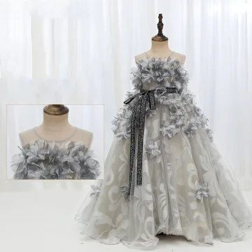 Fashion Grey Appliques Prom Flower Girl Dresses 2022 A Line Princess Scoop Neck Sleeveless Bow Sash Sweep Train Flower Girl Dresses