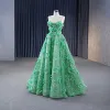 High-end Green Beading Appliques Sequins Prom Dresses 2023 A-Line / Princess Spaghetti Straps Sleeveless Backless Floor-Length / Long Prom Formal Dresses