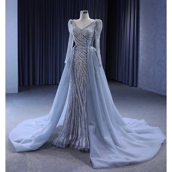 High-end Vintage / Retro Grey Beading Sequins Evening Dresses 2023 Trumpet / Mermaid V-Neck Long Sleeve Evening Party Court Train Formal Dresses