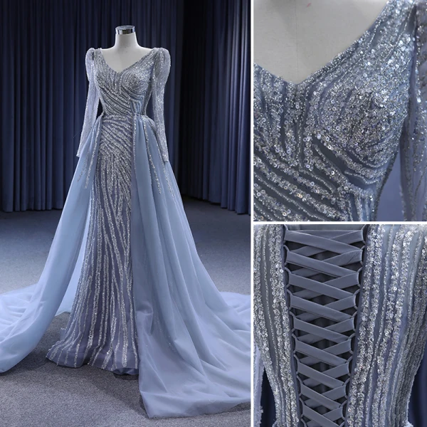 High-end Vintage / Retro Grey Beading Sequins Evening Dresses 2023 Trumpet / Mermaid V-Neck Long Sleeve Evening Party Court Train Formal Dresses