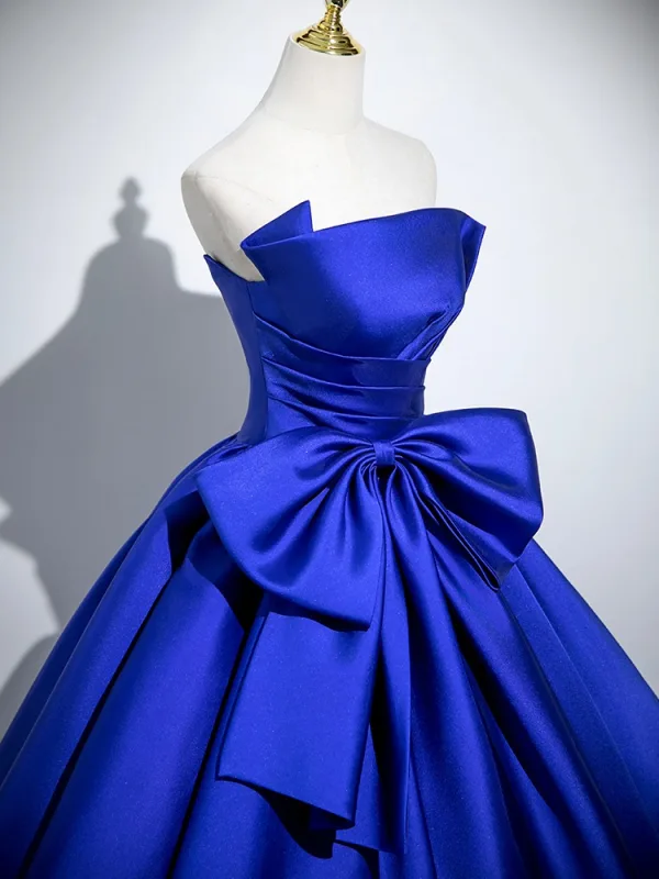 Elegant Royal Blue Satin Bow Prom Dresses 2025 Ball Gown Strapless Sleeveless Backless Floor-Length / Long Prom Formal Dresses