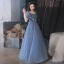 Chic / Beautiful Ocean Blue Prom Dresses 2022 A-Line / Princess Square Neckline Pearl Sequins Butterfly Short Sleeve Backless Floor-Length / Long Formal Dresses