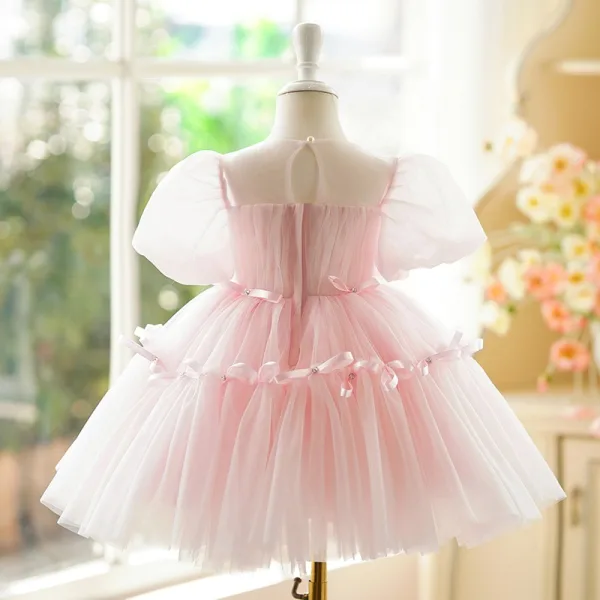 Chic / Beautiful Blushing Pink Bow Short Birthday Flower Girl Dresses 2024 Ball Gown Scoop Neck Puffy Short Sleeve Backless