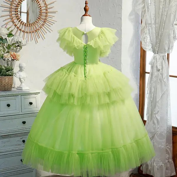 Chic / Beautiful Lime Green Ball Gown Birthday Cascading Ruffles Sequins Flower Girl Dresses 2022 Scoop Neck Short Sleeve Floor-Length / Long Flower Girl Dresses
