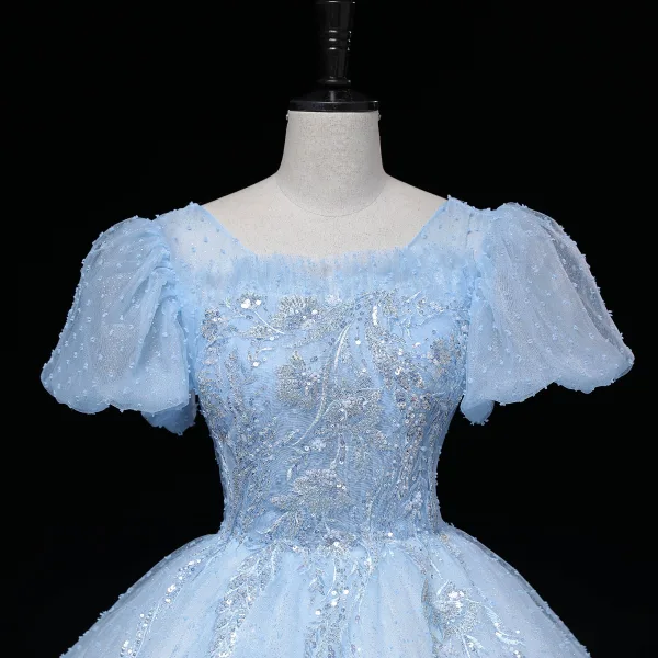 Chic / Beautiful Sky Blue Beading Pearl Sequins Lace Flower Prom Dresses 2023 Ball Gown Scoop Neck Short Sleeve Backless Floor-Length / Long Prom Formal Dresses