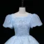 Chic / Beautiful Sky Blue Beading Pearl Sequins Lace Flower Prom Dresses 2023 Ball Gown Scoop Neck Short Sleeve Backless Floor-Length / Long Prom Formal Dresses