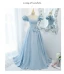 Style Audrey Hepburn Bleu Ciel Dos Nu Robe De Bal 2021 Encolure Carrée Manches Courtes Bretelles croisées Longue Satin Promo Princesse Robe De Cérémonie
