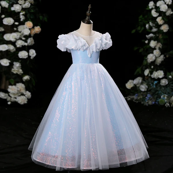 Chic / Beautiful Sky Blue Sequins Birthday Flower Girl Dresses 2024 A-Line / Princess Scoop Neck Ruffle Short Sleeve Floor-Length / Long