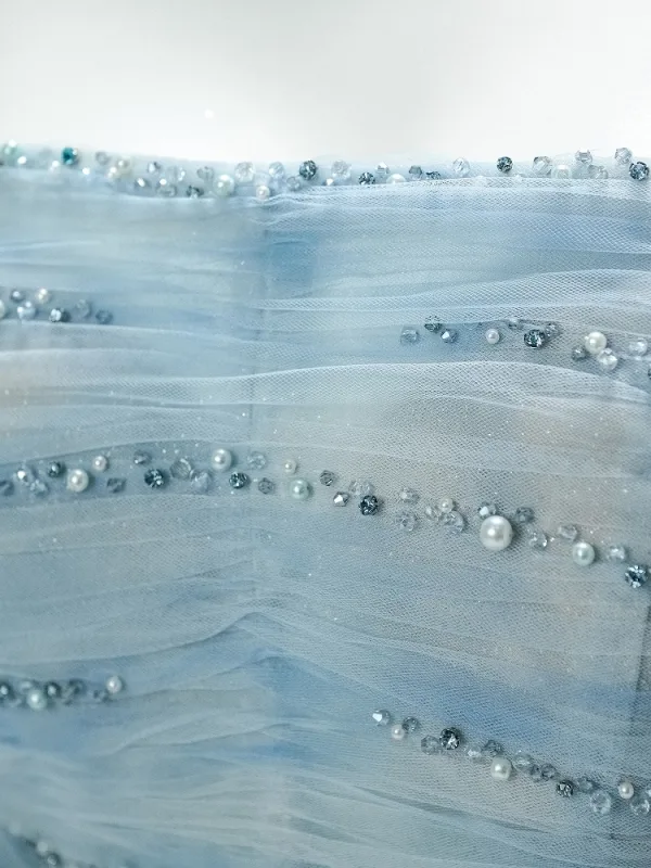 Charming Sky Blue Handmade  Beading Pearl Prom Dresses 2025 A-Line / Princess Strapless Sleeveless Backless Floor-Length / Long Formal Dresses