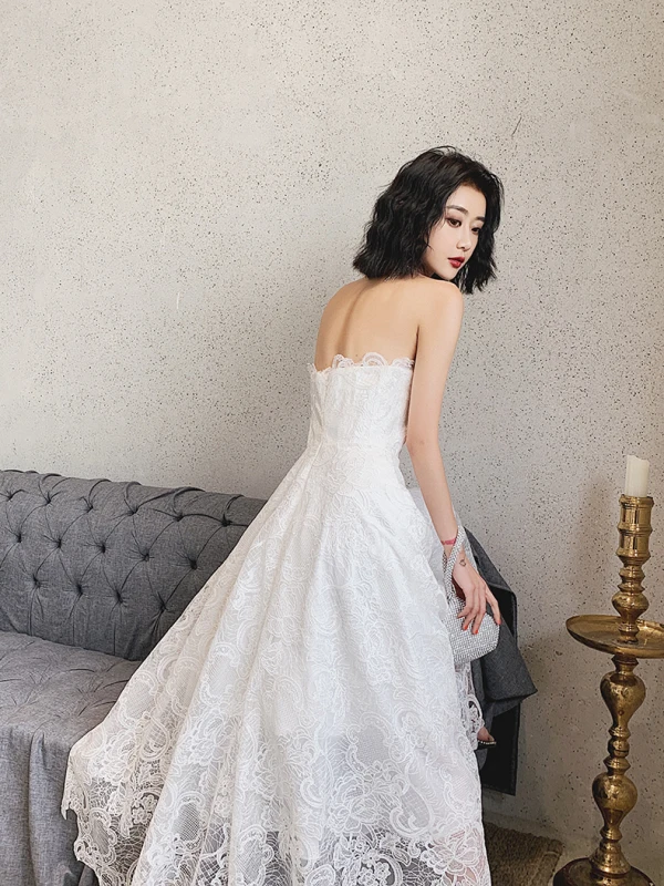 Charming Ivory Lace Flower Evening Dresses 2022 A-Line / Princess Strapless Sleeveless Backless Evening Party Floor-Length / Long Formal Dresses