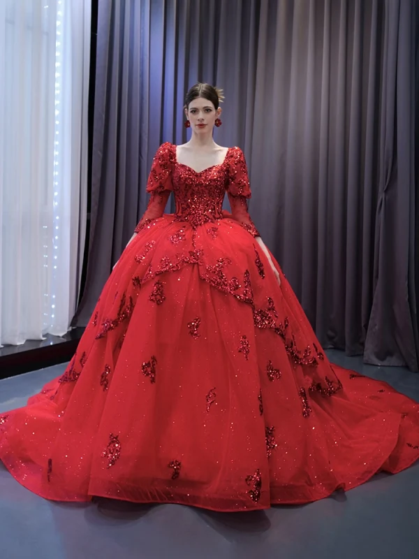 Luxury / Gorgeous Red Handmade  Beading Sequins Lace Flower Prom Dresses 2024 Ball Gown Square Neckline Long Sleeve Backless Chapel Train Prom Formal Dresses
