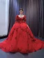 Luxury / Gorgeous Red Handmade  Beading Sequins Lace Flower Prom Dresses 2024 Ball Gown Square Neckline Long Sleeve Backless Chapel Train Prom Formal Dresses