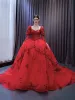 Luxury / Gorgeous Red Handmade  Beading Sequins Lace Flower Prom Dresses 2024 Ball Gown Square Neckline Long Sleeve Backless Chapel Train Prom Formal Dresses