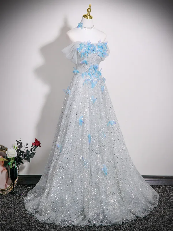 Charmant Silber Schmetterling Strass Pailletten Ballkleider 2025 A Linie Off Shoulder Ärmellos Rückenfreies Sweep / Pinsel Zug Festliche Kleider