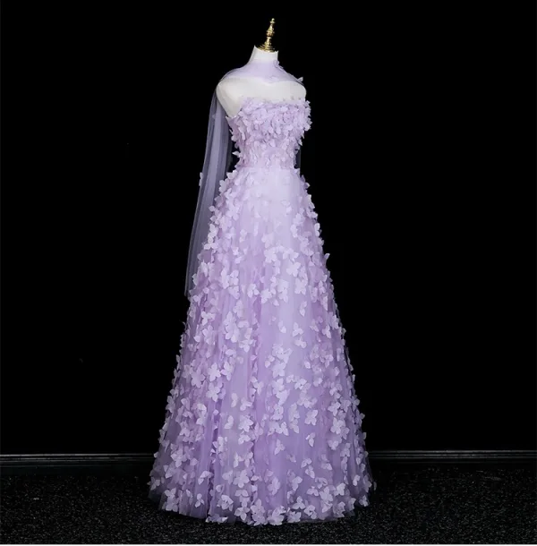 Flower Fairy Lavender Appliques Prom Dresses 2025 A-Line / Princess Strapless Sleeveless Backless Floor-Length / Long Formal Dresses