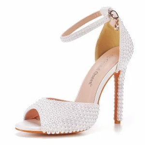 Chic Beautiful White Pearl Wedding Shoes 2022 11 Cm Stiletto Heels Ankle Strap Open Peep Toe Wedding Sandals High Heels
