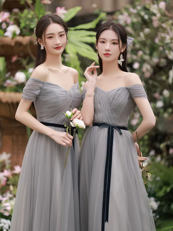 Modest Simple Grey Bridesmaid Dresses 2022 A Line Princess Short Sleeve Backless Sash Bow Floor Length Long Bridesmaid Dresses