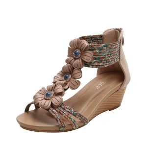 Mode Été Beige Vêtement De Rue Sandales Femme 2022 Fleur Faux Diamant T Strap 5 Cm Compensées Peep Toes Bout Ouvert Sandales