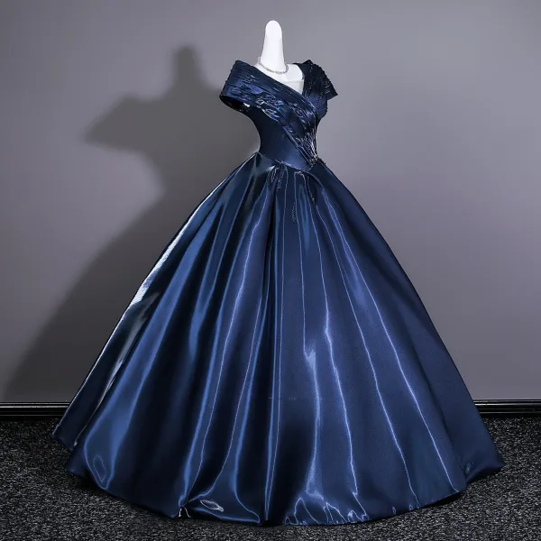 Vintage / Originale Bleu Marine Satin Robe De Bal 2026 Robe Boule V-Cou Manches Courtes Dos Nu Longue