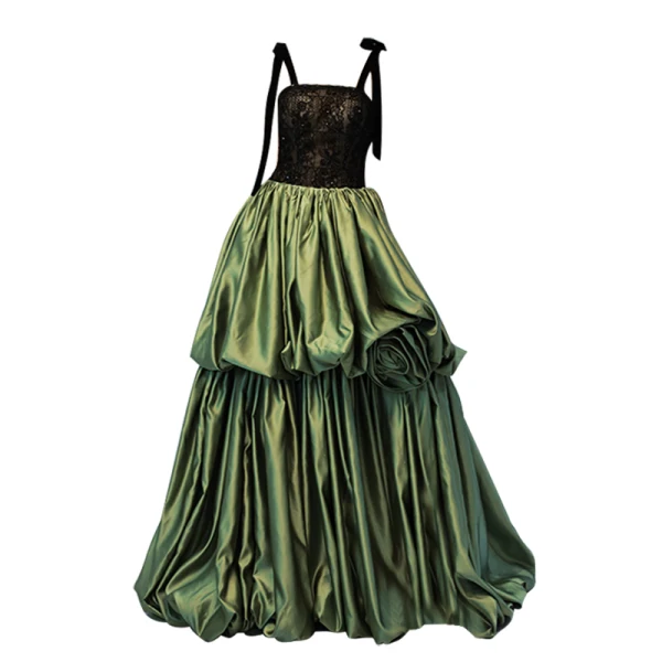 Fashion Clover Green Satin Ruffle Prom Dresses 2022 A-Line / Princess Spaghetti Straps Sleeveless Backless Lace Flower Floor-Length / Long Formal Dresses