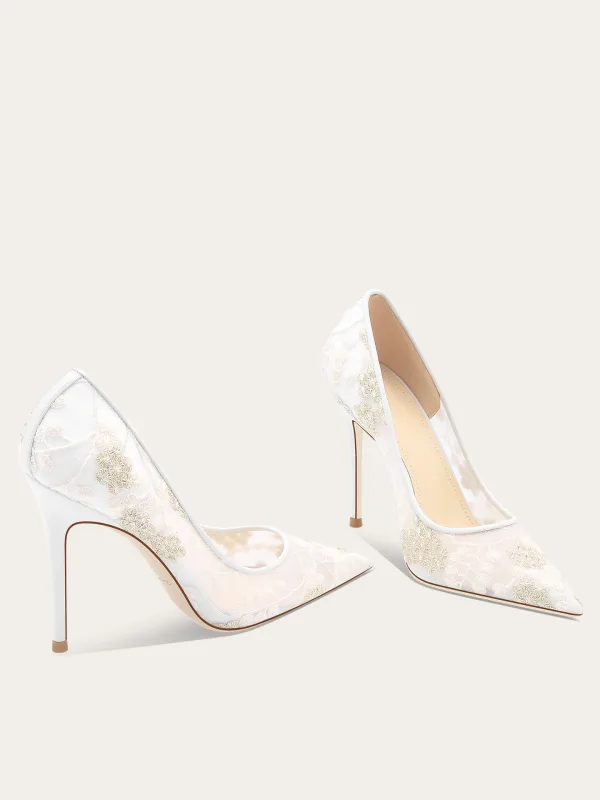 Elegant White Embroidered Lace Wedding Shoes 2025 10 cm Stiletto Heels Pointed Toe Wedding Pumps High Heels