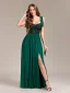 Simple Vert Foncé Perlage Paillettes Fendue devant Robe De Bal 2024 Princesse Bretelles Spaghetti Sans Manches Dos Nu Longue Promo Robe De Ceremonie