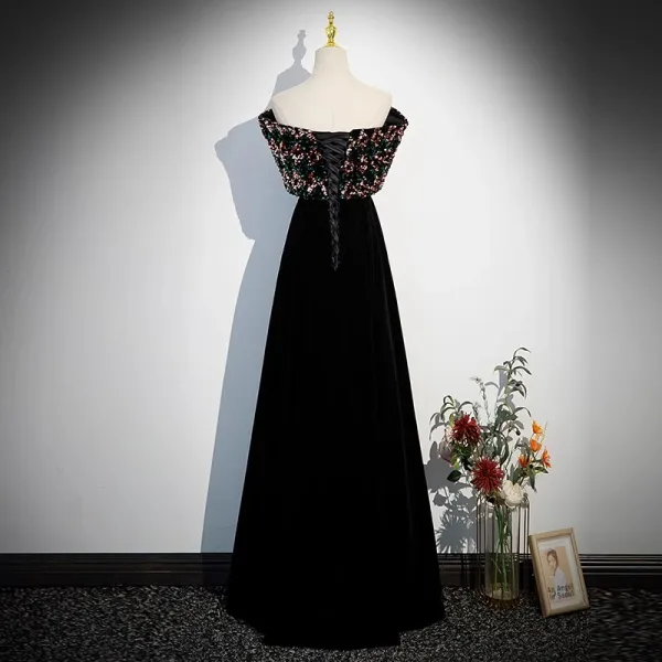 Elegante Schwarz Samt Pailletten Abendkleider 2023 A Linie Bandeau Ärmellos Rückenfreies Lange Abend Festliche Kleider