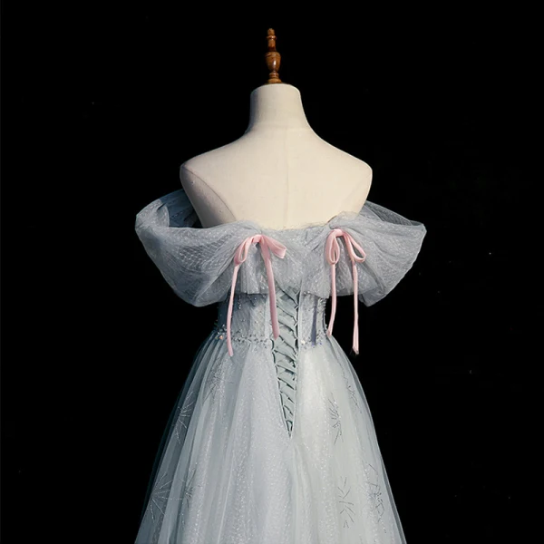Charming Sage Green Beading Prom Dresses 2023 A-Line / Princess Off-The-Shoulder Bow Short Sleeve Backless Floor-Length / Long Formal Dresses