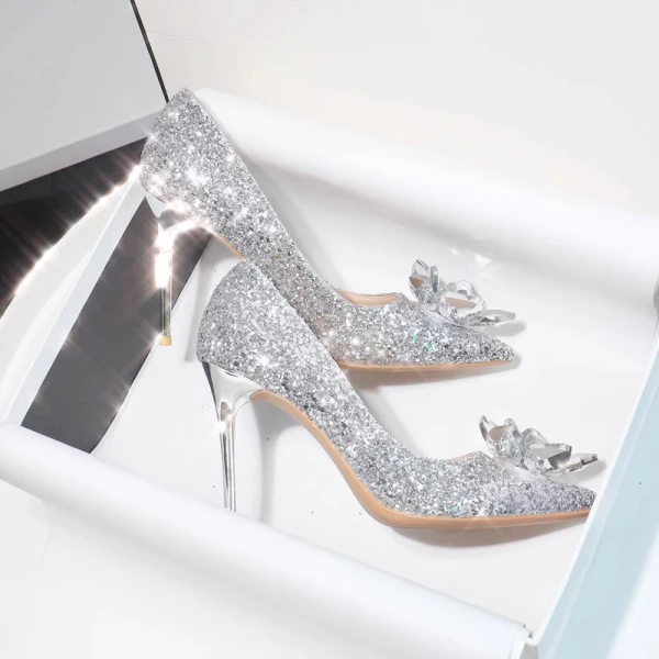 Glitzernden Sexy Silber Kristall Pailletten Brautschuhe 2024 9 cm Stilettos Spitzschuh Hochzeit Pumps Hochhackige