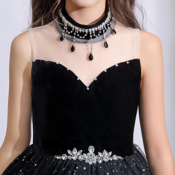 Bling Bling Schwarz Strass Pailletten Geburtstag Blumenmädchenkleider Ballkleid 2025 Rundhalsausschnitt Ärmellos Rückenfreies Lange