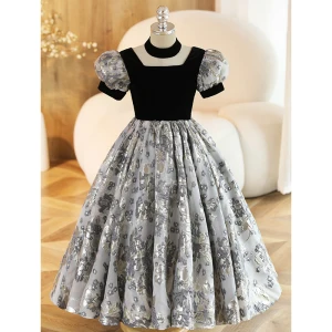Chic Belle Noire Anniversaire Robe Ceremonie Fille Princesse 2023 Encolure Carrée Gonflée Manches Courtes Longue Robe Ceremonie Fille
