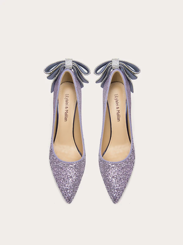 Glitzernden Sexy Lavendel Strass Pailletten Schleife Brautschuhe 2023 Leder 10 cm Stilettos Spitzschuh Hochzeit Pumps Hochhackige
