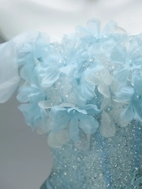 Luxus / Herrlich Bling Bling Himmelblau Handgefertigt Perlenstickerei Perle Pailletten Applikationen Sweep / Pinsel Zug Ballkleider 2025 Ballkleid Bandeau Ärmellos Rückenfreies