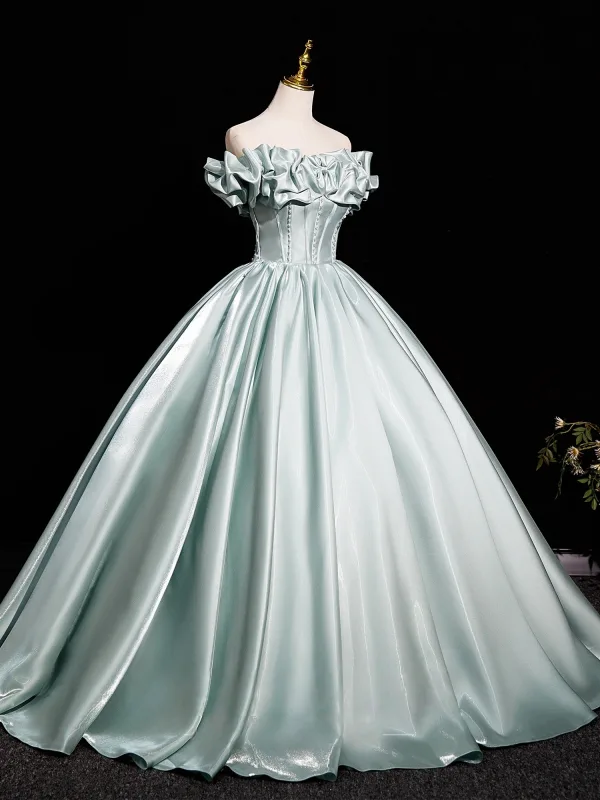 Elegant Mint Green Satin Prom Dresses 2025 Ball Gown Off-The-Shoulder Short Sleeve Backless Floor-Length / Long Prom Formal Dresses