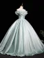 Elegant Mint Green Satin Prom Dresses 2025 Ball Gown Off-The-Shoulder Short Sleeve Backless Floor-Length / Long Prom Formal Dresses