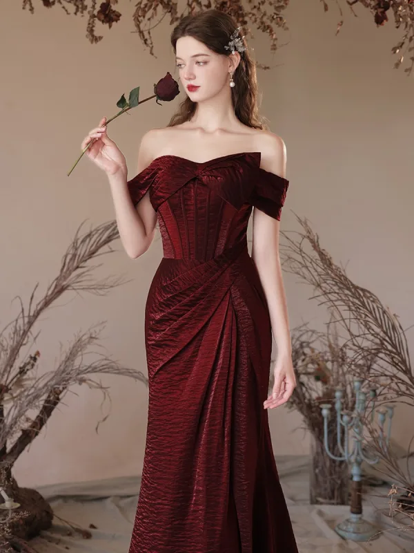 Charming Burgundy Trumpet / Mermaid Prom Dresses 2024 Off-The-Shoulder Backless Floor-Length / Long Prom Formal Dresses