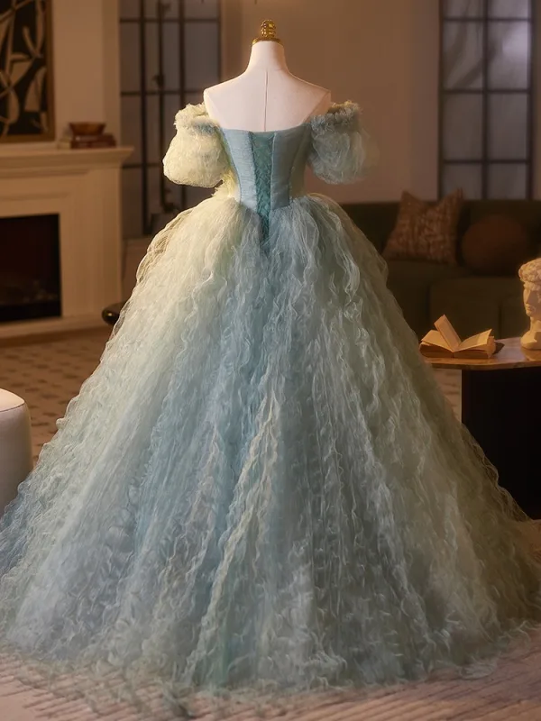 Chic / Belle Vert Cendré Appliques Volants Robe De Bal 2025 Robe Boule De l'épaule Manches Courtes Dos Nu Longue Promo Robe De Ceremonie