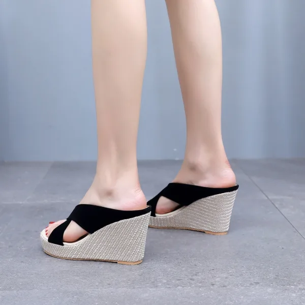 Fashion Black Beach Street Wear Pierced Womens Sandals 2024 9 cm Wedges Open / Peep Toe Sandals High Heels