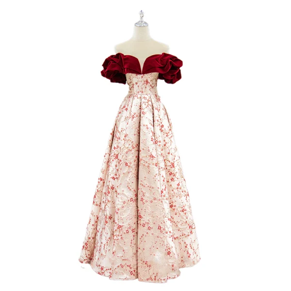 Elegant Burgundy Printing Prom Dresses 2023 A-Line / Princess Off-The-Shoulder Ruffle Short Sleeve Backless Floor-Length / Long Prom Formal Dresses