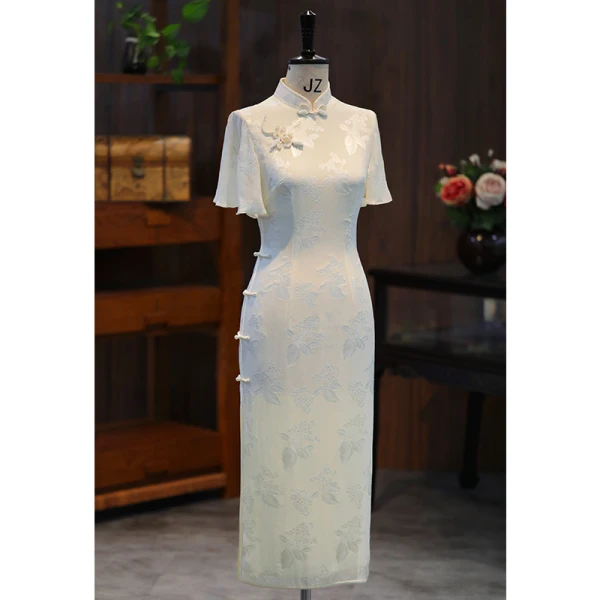 Chic / Beautiful Champagne Silk Printing Evening Party Cheongsam 2024 Trumpet / Mermaid High Neck Short Sleeve Tea-length